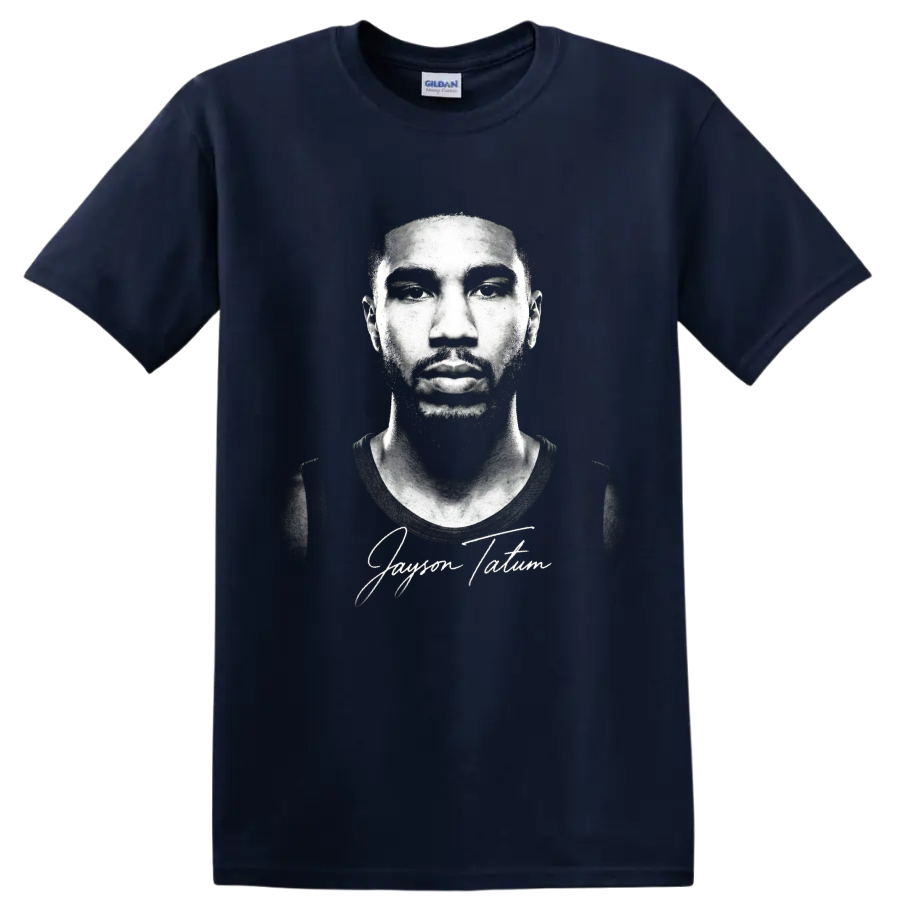 Jayson Tatum monochrome basketball portrait with signature-style text on a Navy (Blue) T Shirt