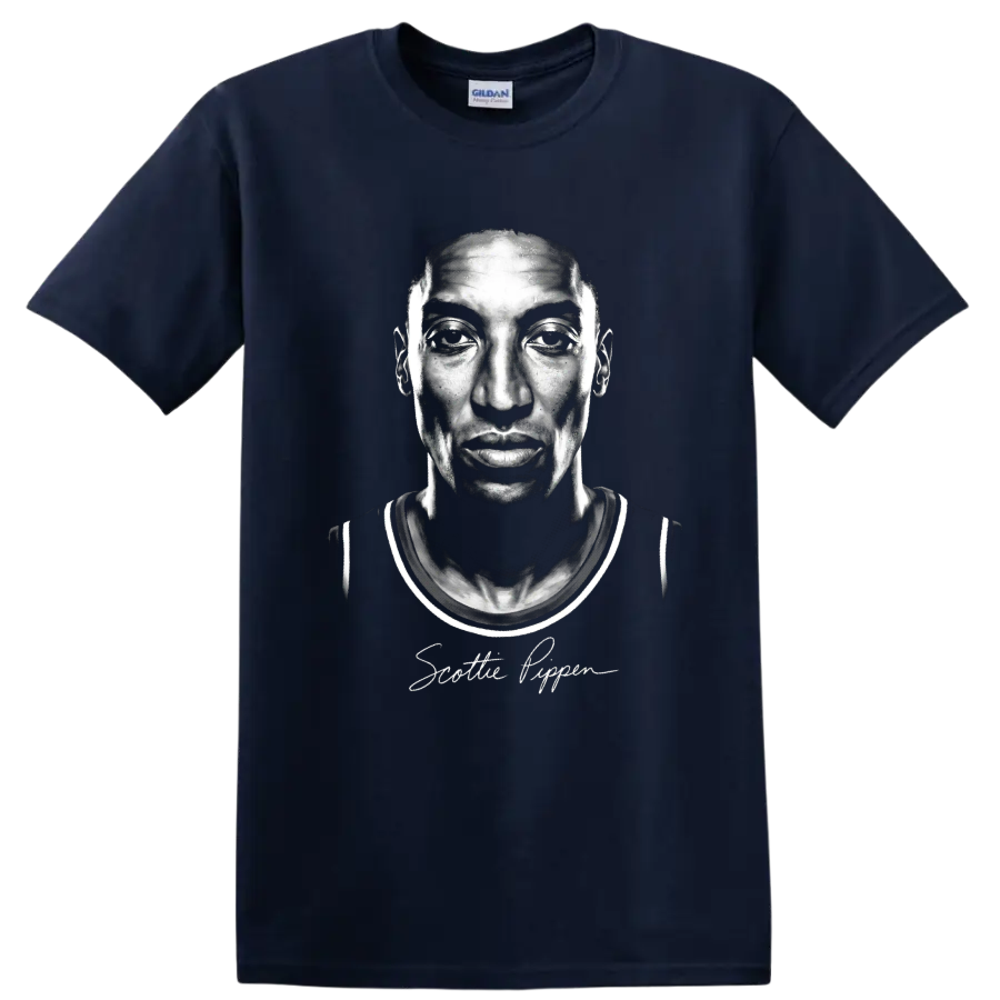 Scottie Pippen grayscale basketball portrait with signature-style script on a Navy (Blue) T Shirt