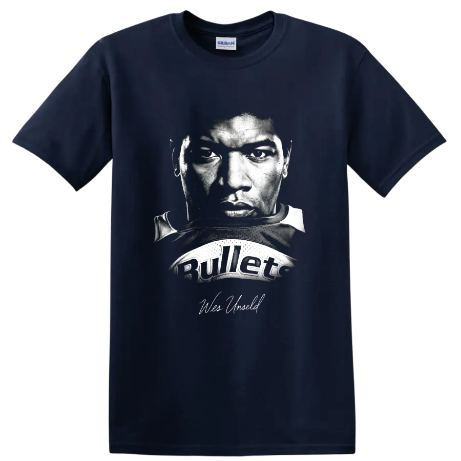 Wes Unseld Washington Bullets No. 41 black-and-white vintage portrait graphic on a Navy (Blue) T Shirt