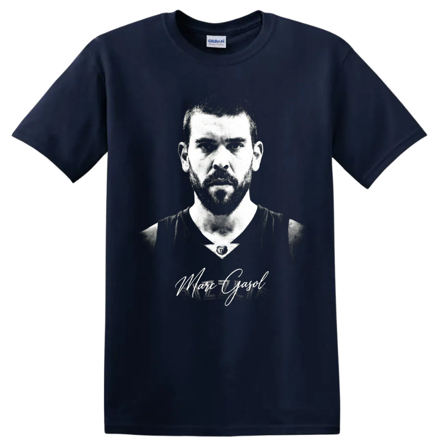 Marc Gasol black-and-white basketball portrait with signature and number 33 on a Navy (Blue) T Shirt