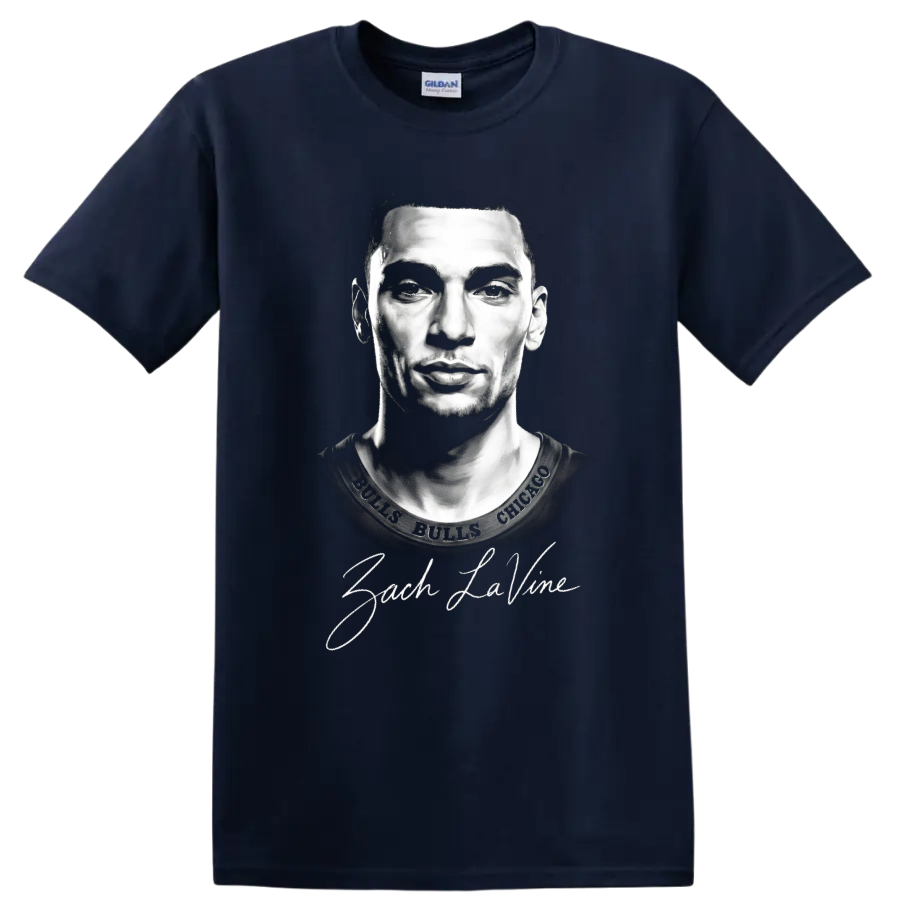 Zach LaVine Chicago Bulls No. 8 monochrome portrait with signature lettering on a Navy (Blue) T Shirt