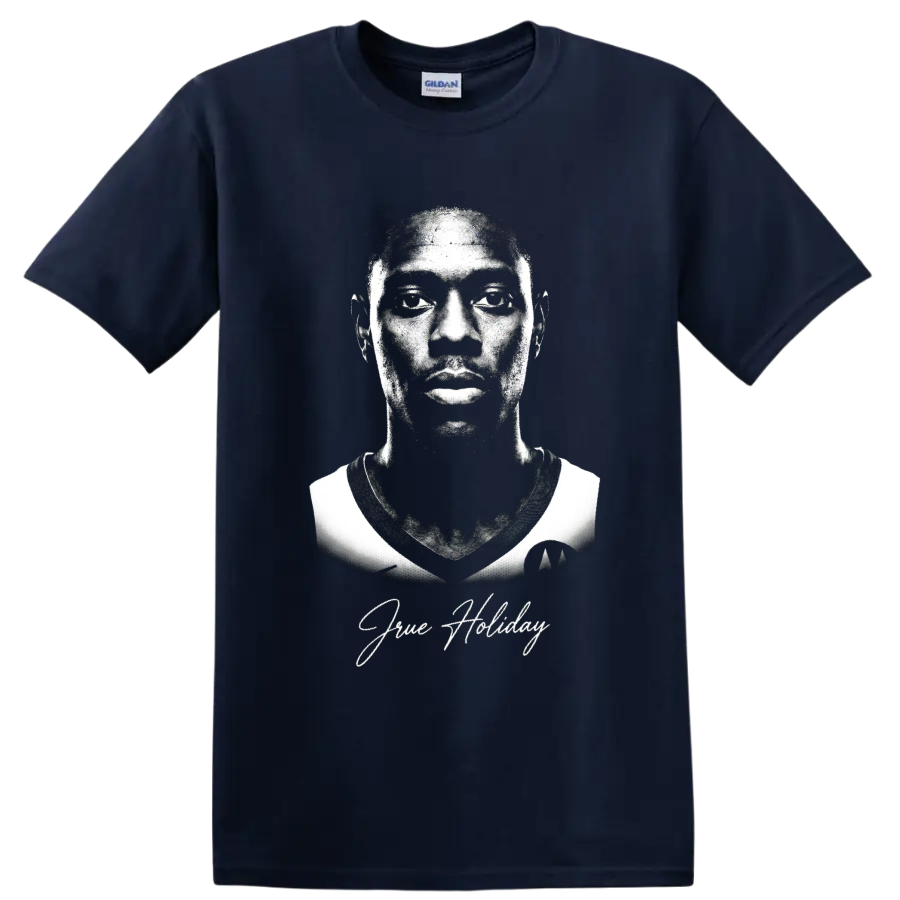 Jrue Holiday black-and-white basketball portrait with signature-style script on a Navy (Blue) T Shirt