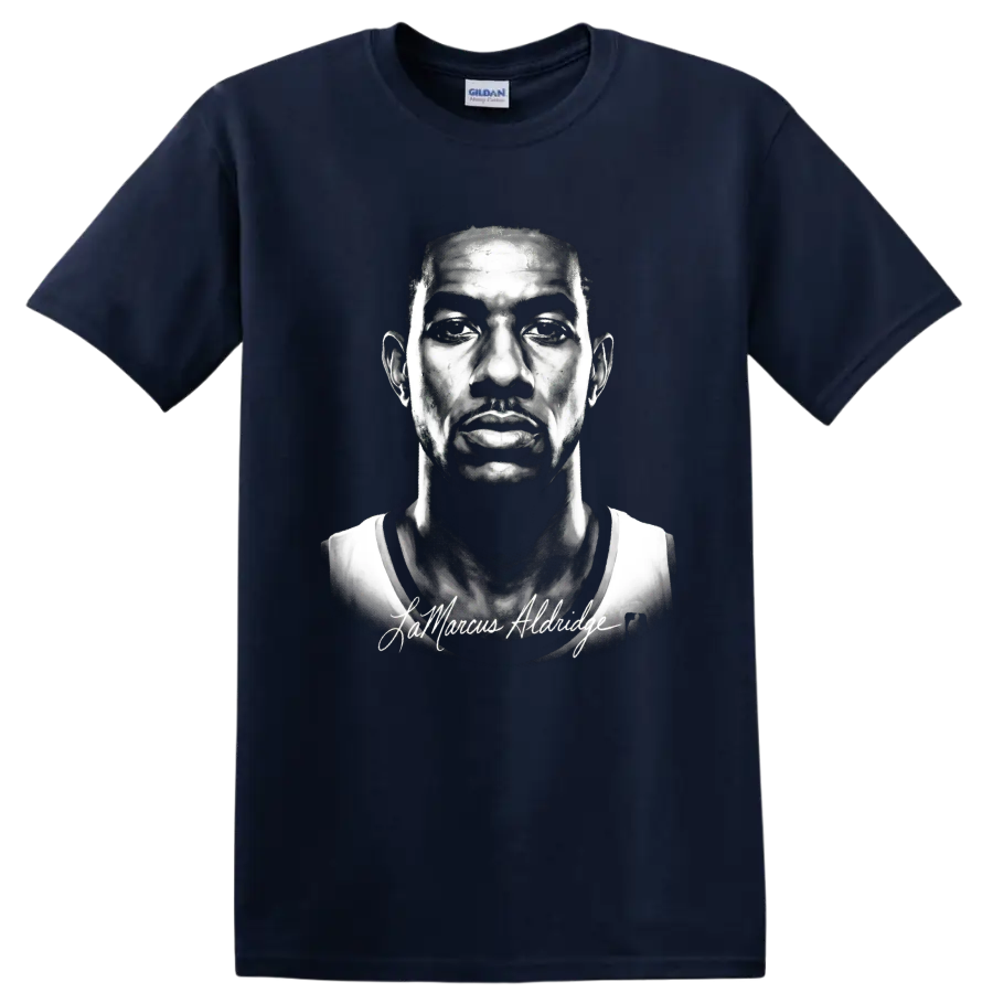 Monochrome LaMarcus Aldridge portrait with cursive signature on a Navy (Blue) T Shirt