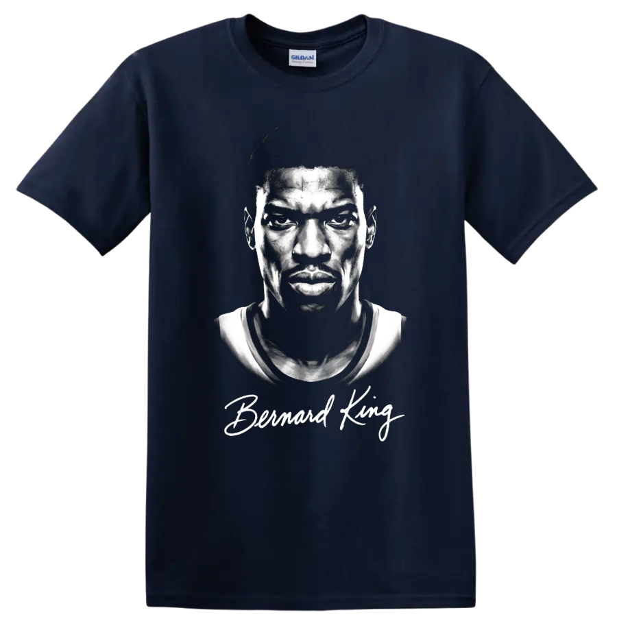 Monochrome Bernard King basketball portrait with signature-style Bernard King text on a Navy (Blue) T Shirt