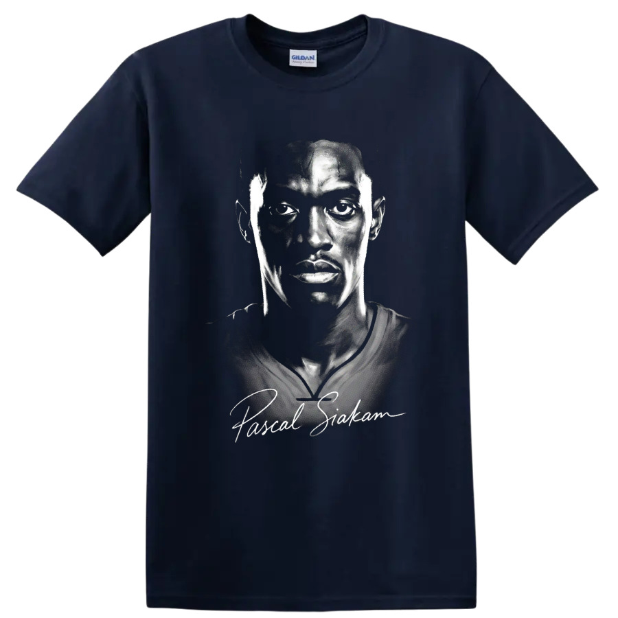 Pascal Siakam monochrome basketball portrait with signature-inspired script on a Navy (Blue) T Shirt