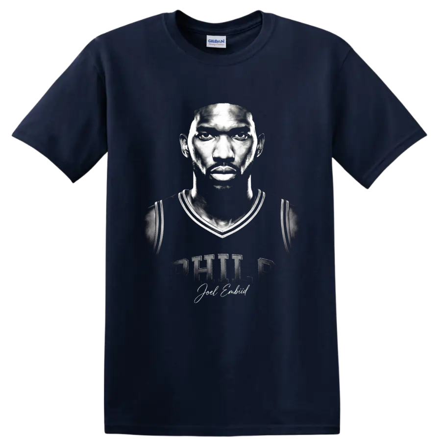 Monochrome Joel Embiid Philadelphia 76ers No. 21 portrait with Philly lettering on a Navy (Blue) T Shirt