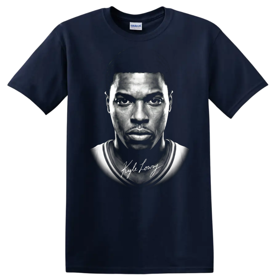 Kyle Lowry Toronto Raptors No. 7 black-and-white basketball portrait with signature on a Navy (Blue) T Shirt