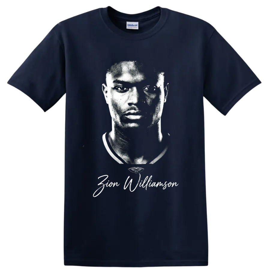 Zion Williamson monochrome basketball portrait with signature-style lettering on a Navy (Blue) T Shirt