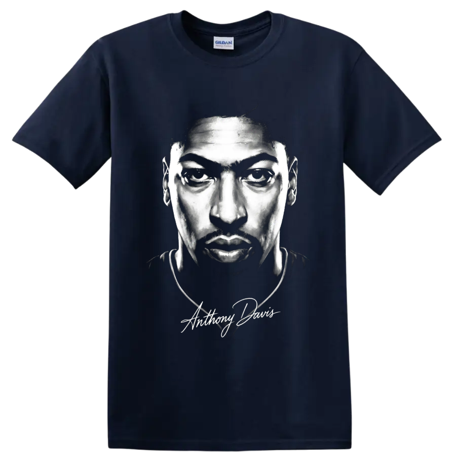 Anthony Davis monochrome basketball portrait with signature-style script on a Navy (Blue) T Shirt