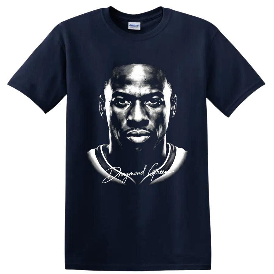 Monochrome Draymond Green basketball portrait with signature-style script on a Navy (Blue) T Shirt