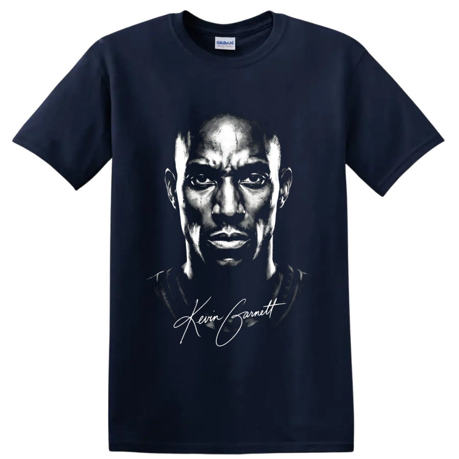 Kevin Garnett black-and-white portrait with signature basketball fan graphic on a Navy (Blue) T Shirt