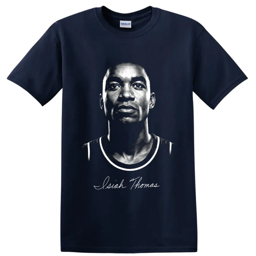 High-contrast Isiah Thomas Detroit Pistons basketball portrait with signature-style script on a Navy (Blue) T Shirt