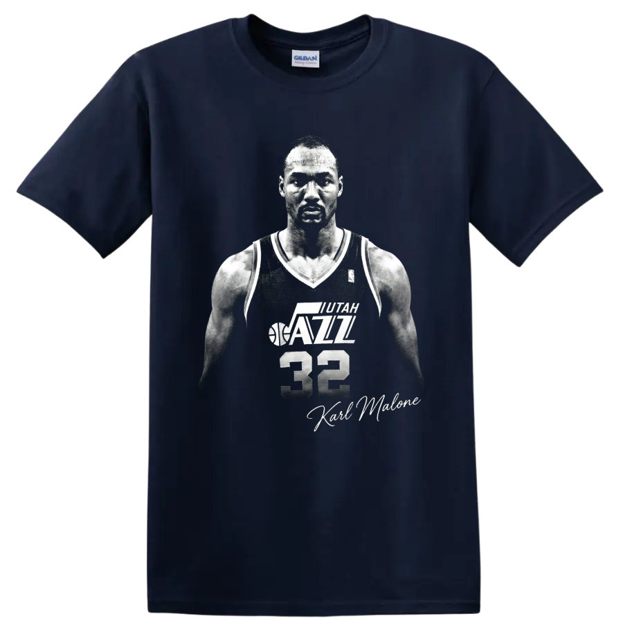 Karl Malone Utah Jazz No. 32 black-and-white basketball portrait with signature on a Navy (Blue) T Shirt