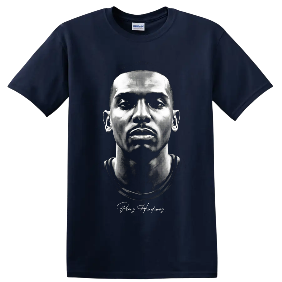 Monochrome Penny Hardaway portrait with cursive signature on a Navy (Blue) T Shirt
