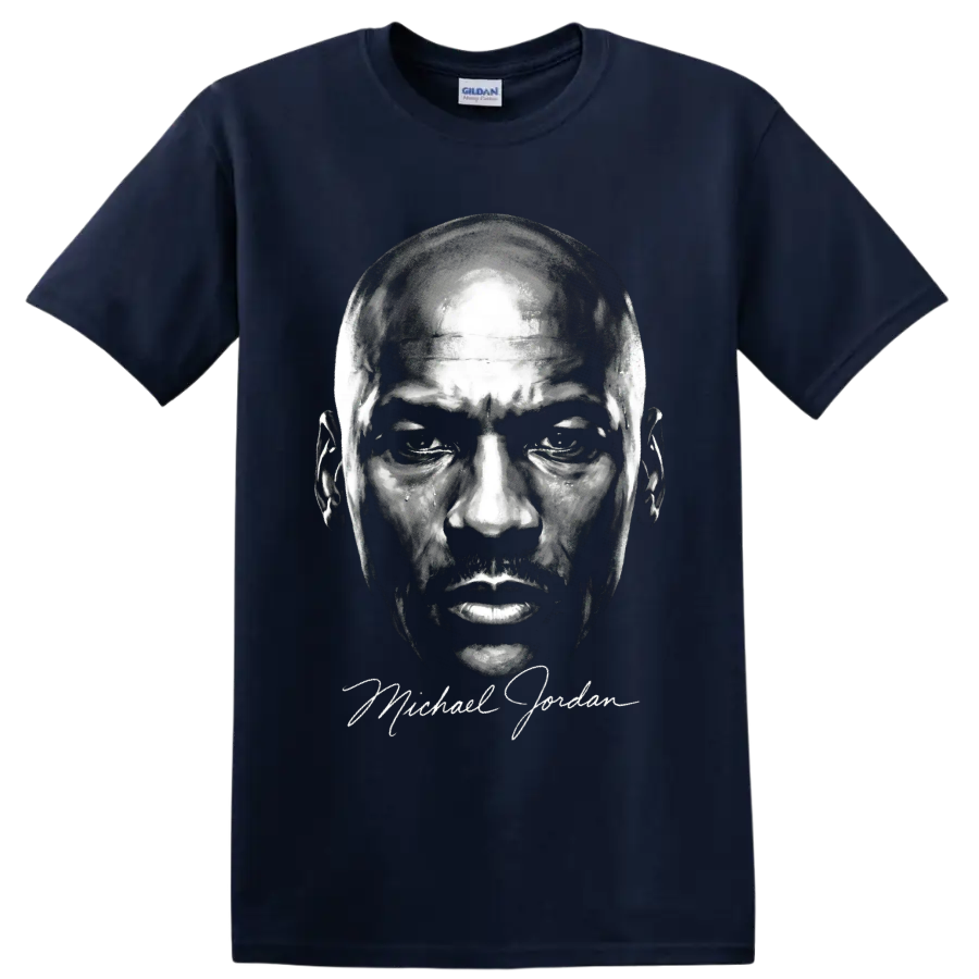 Michael Jordan black-and-white portrait graphic with signature-style script on a Navy (Blue) T Shirt