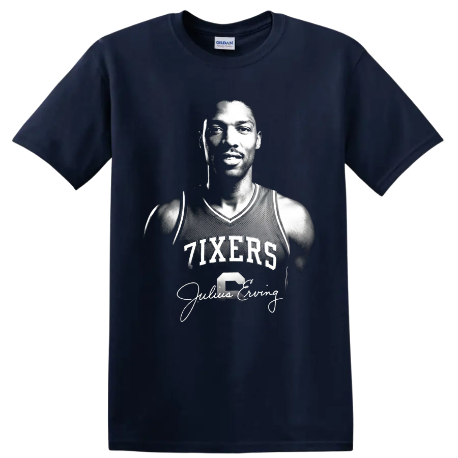 Black-and-white Julius Erving 76ers No. 6 portrait with signature-style script on a Navy (Blue) T Shirt