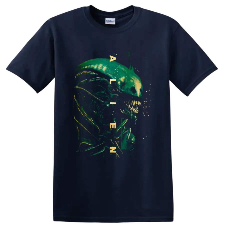 Alien biomechanical creature portrait with distressed sci-fi horror artwork on a Navy (Blue) T Shirt