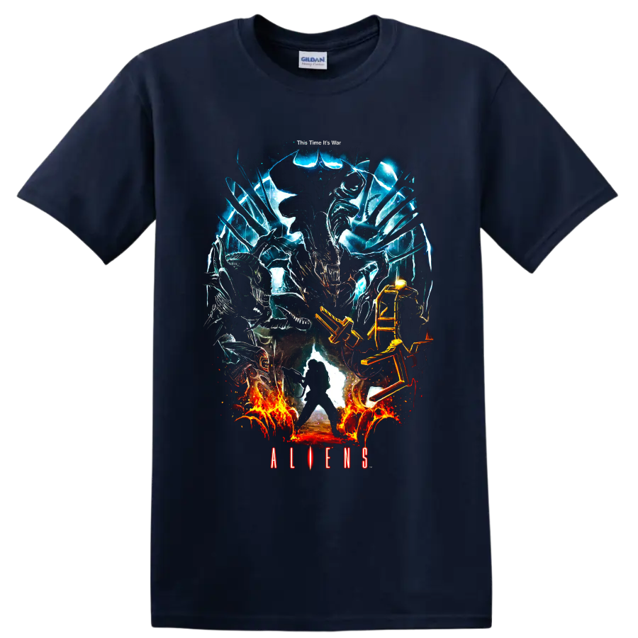 Aliens Xenomorph graphic print with blue energy and fiery battle effects on a Navy (Blue) T Shirt