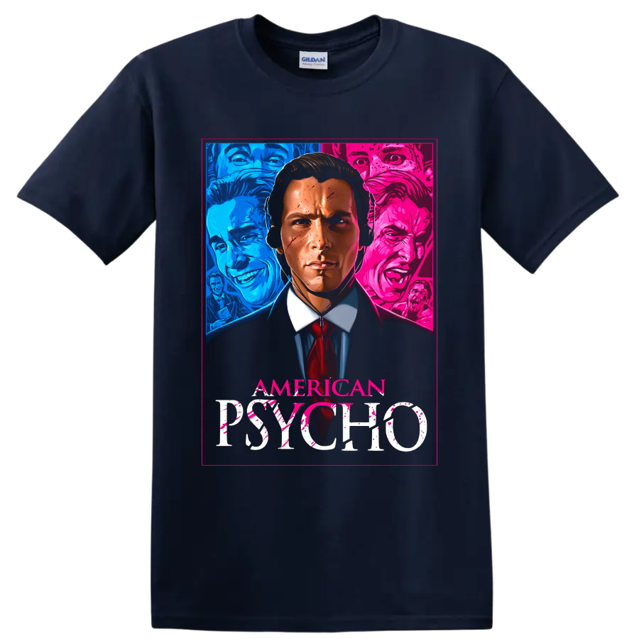 American Psycho neon horror portrait graphic with visible title text on a Navy (Blue) T Shirt