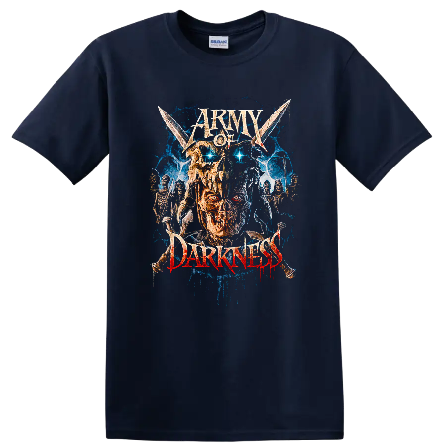 Army of Darkness graphic print with fiery skull and skeleton warriors on a Navy (Blue) T Shirt