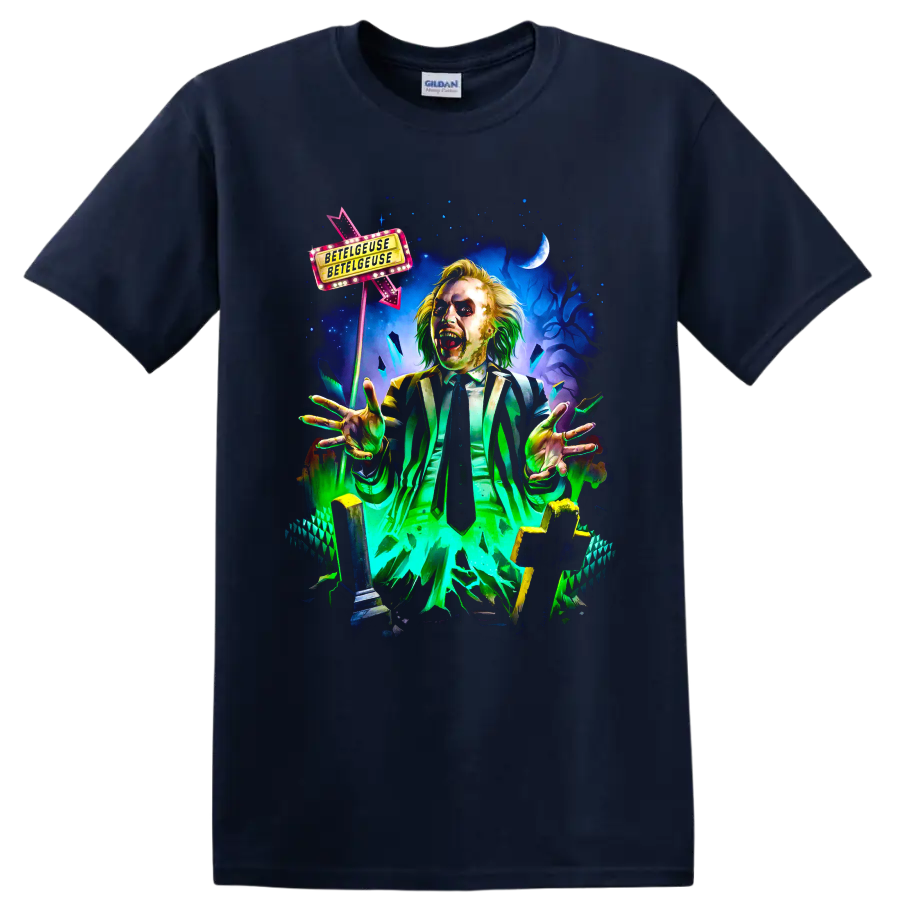 Beetlejuice striped-suit ghost in neon gothic movie artwork on a Navy (Blue) T Shirt