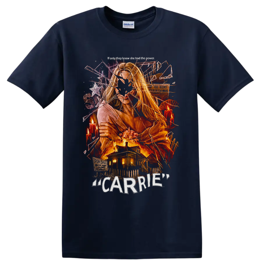 Carrie horror graphic with fiery psychic portrait and haunted house on a Navy (Blue) T Shirt