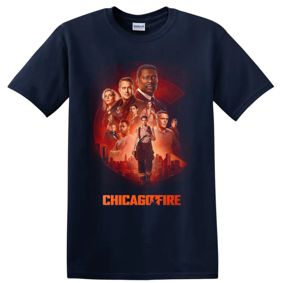 Chicago Fire cast portrait graphic with distressed halftone firefighter design on a Navy (Blue) T Shirt