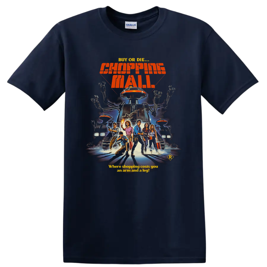 Chopping Mall retro killer robot movie poster print with Buy or Die text on a Navy (Blue) T Shirt