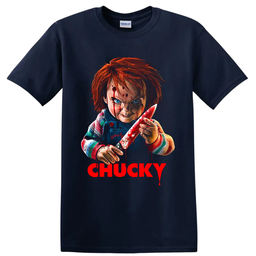 Chucky killer doll bloody knife graphic with red CHUCKY lettering on a Navy (Blue) T Shirt