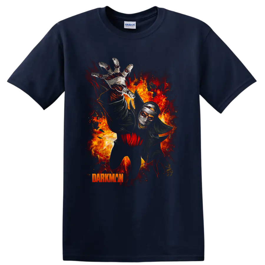 Darkman bandaged vigilante reaching through flames graphic print on a Navy (Blue) T Shirt