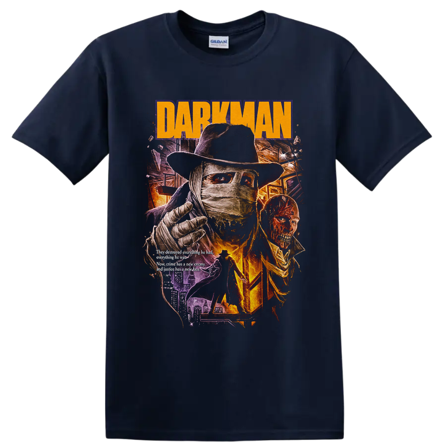 Darkman bandaged vigilante retro horror poster with DARKMAN text on a Navy (Blue) T Shirt