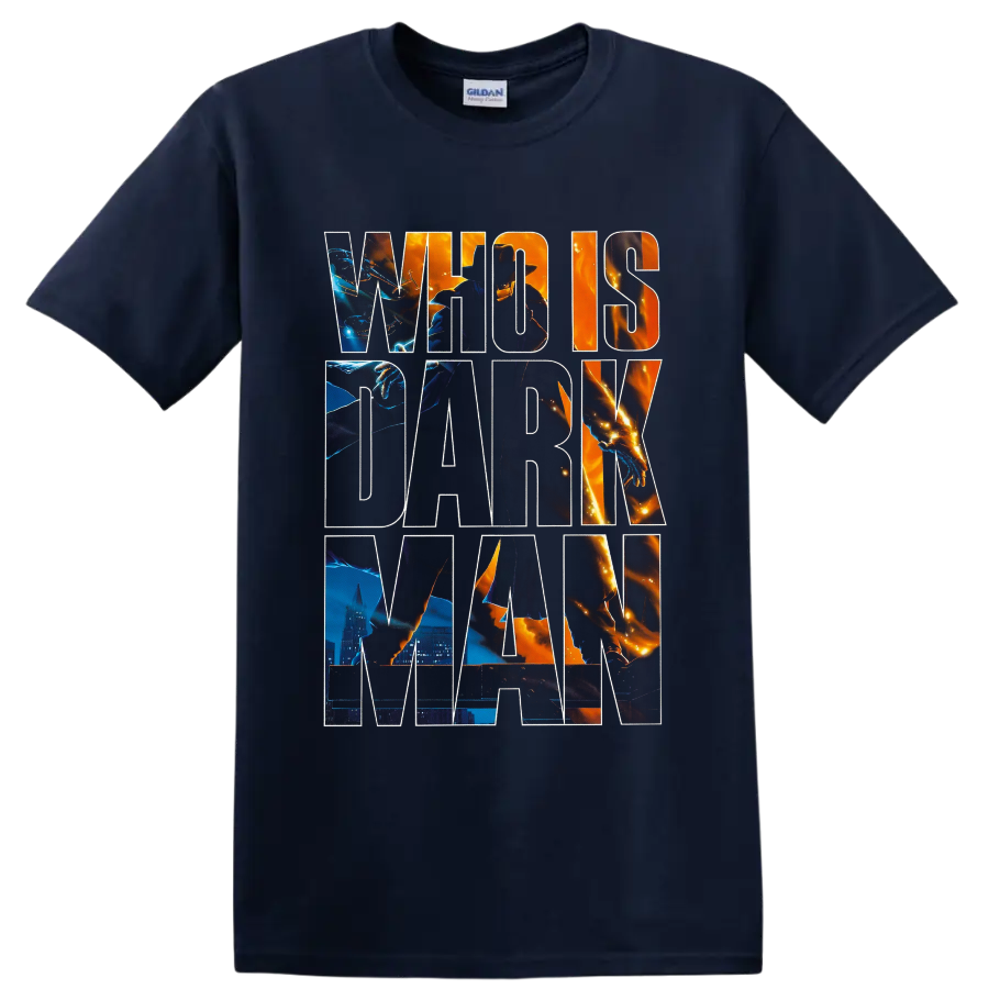Darkman vigilante graphic with fiery city scenes and oversized lettering on a Navy (Blue) T Shirt