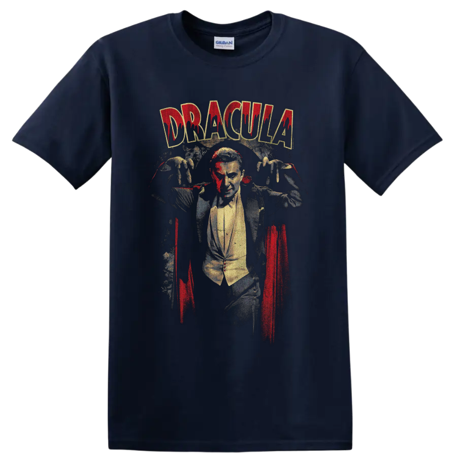 Dracula vampire character distressed Gothic horror graphic on a Navy (Blue) T Shirt