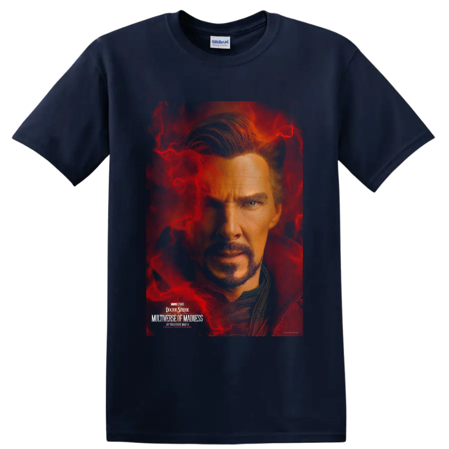 Doctor Strange sorcerer portrait graphic print with magical energy on a Navy (Blue) T Shirt