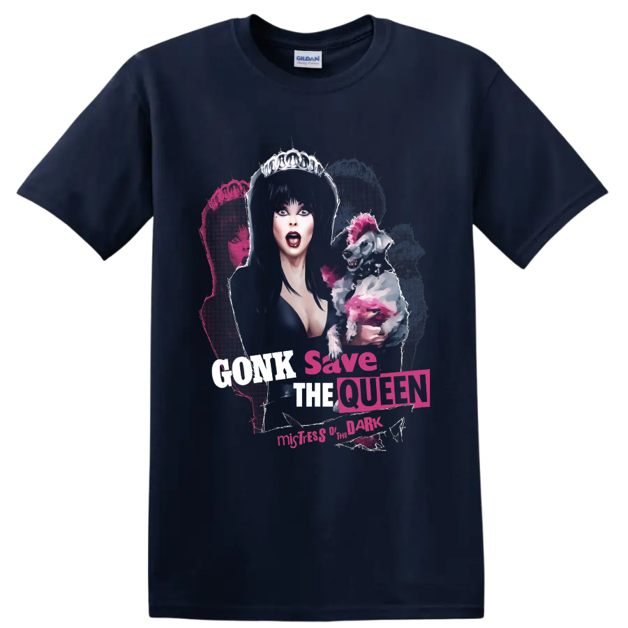 Elvira gothic queen with pink punk dog and GONK Save the Queen text on a Navy (Blue) T Shirt