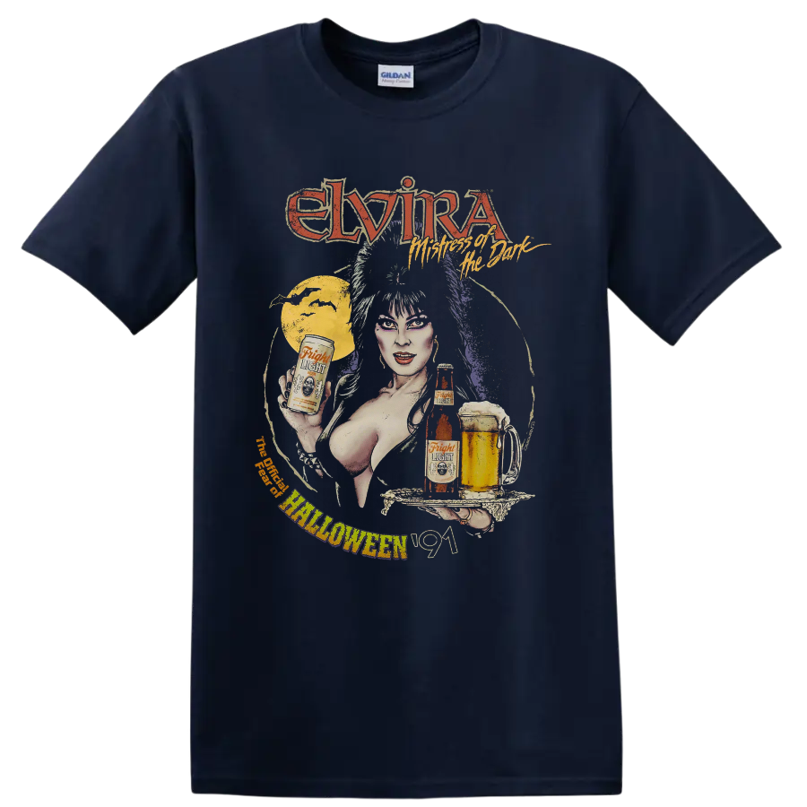 Elvira Mistress of the Dark vintage Halloween graphic with moon and beer on a Navy (Blue) T Shirt