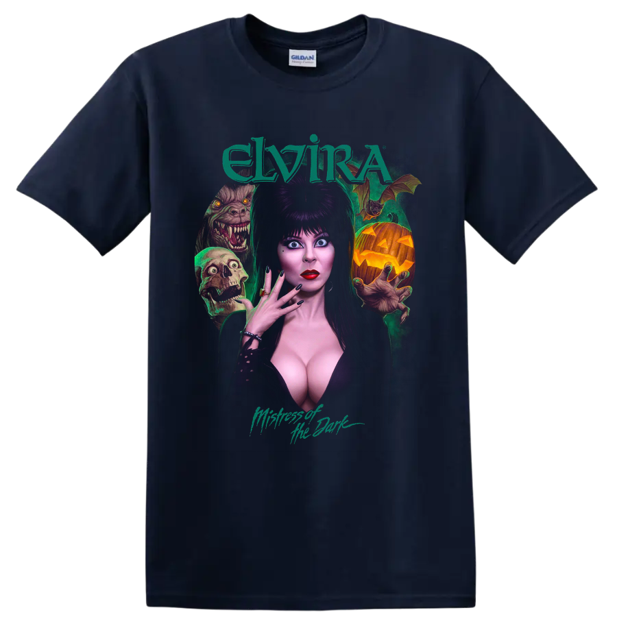 Elvira Mistress of the Dark gothic horror portrait with monsters on a Navy (Blue) T Shirt