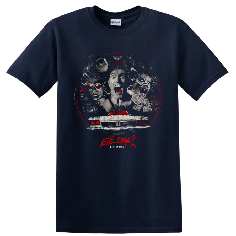 Evil Dead 2 distressed horror collage with screaming faces and demon car on a Navy (Blue) T Shirt