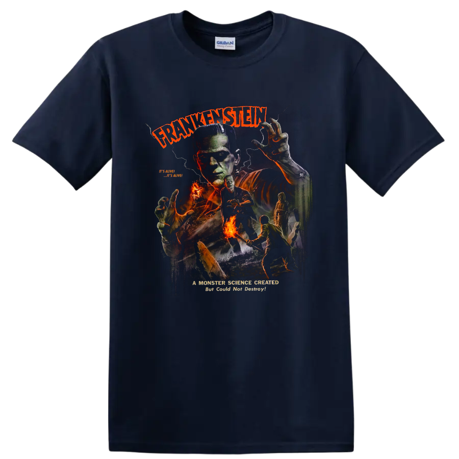 Frankenstein's Monster vintage gothic horror graphic with lightning and fire on a Navy (Blue) T Shirt