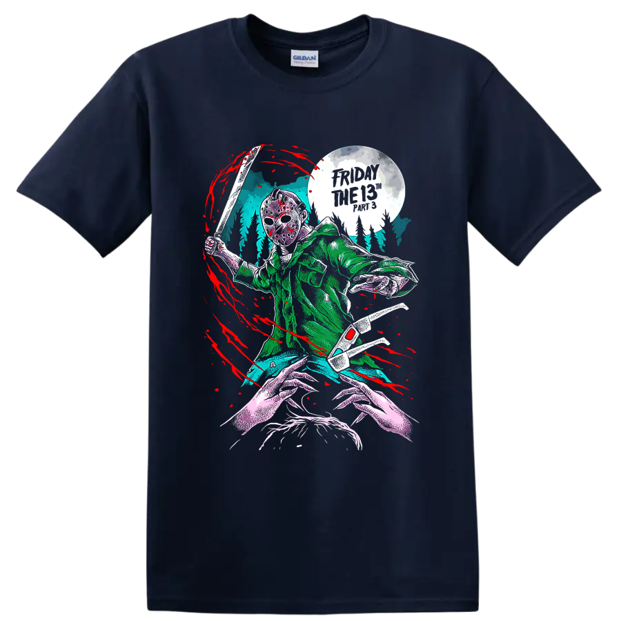 Friday the 13th masked slasher with machete beneath a full moon on a Navy (Blue) T Shirt
