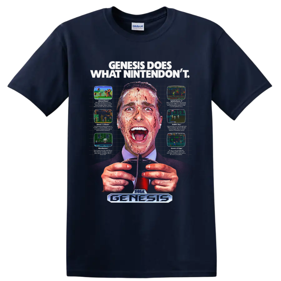 Patrick Bateman American Psycho Genesis retro gaming parody graphic on a Navy (Blue) T Shirt