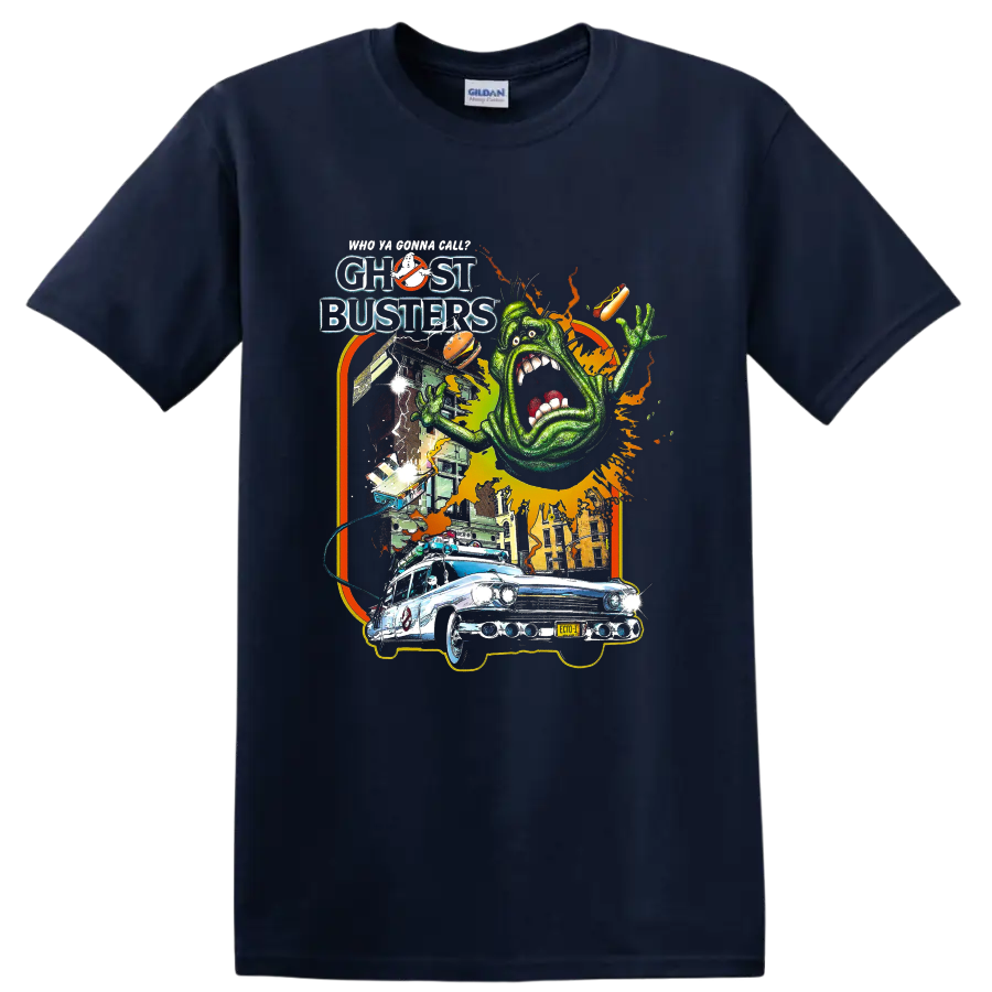 Ghostbusters Slimer and Ecto-1 retro graphic with movie lettering on a Navy (Blue) T Shirt