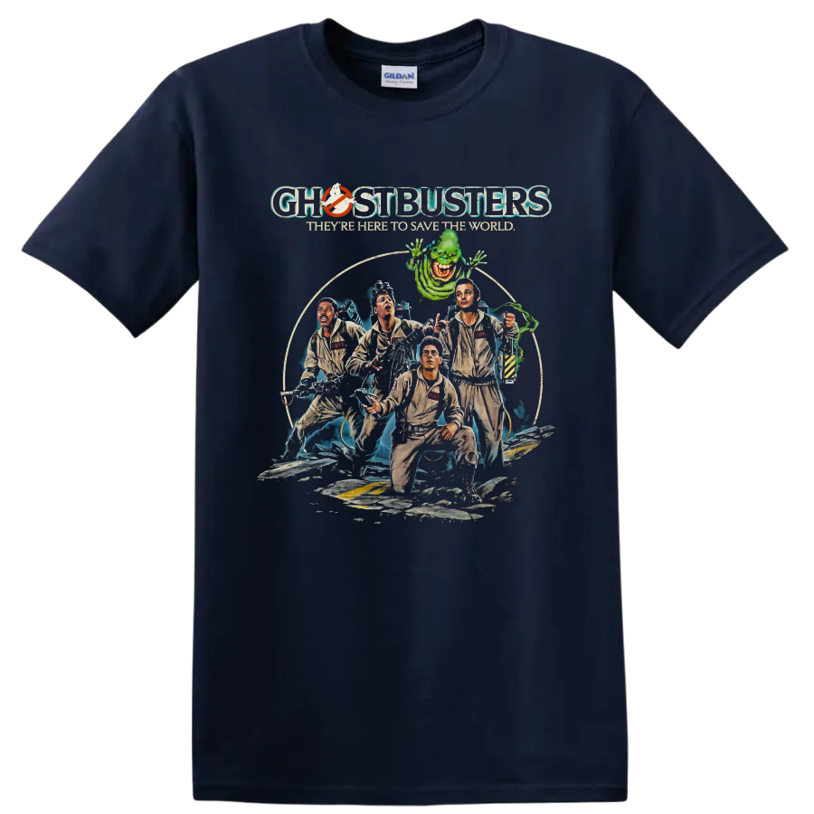Ghostbusters II team and Slimer retro movie graphic with Ghostbusters text on a Navy (Blue) T Shirt