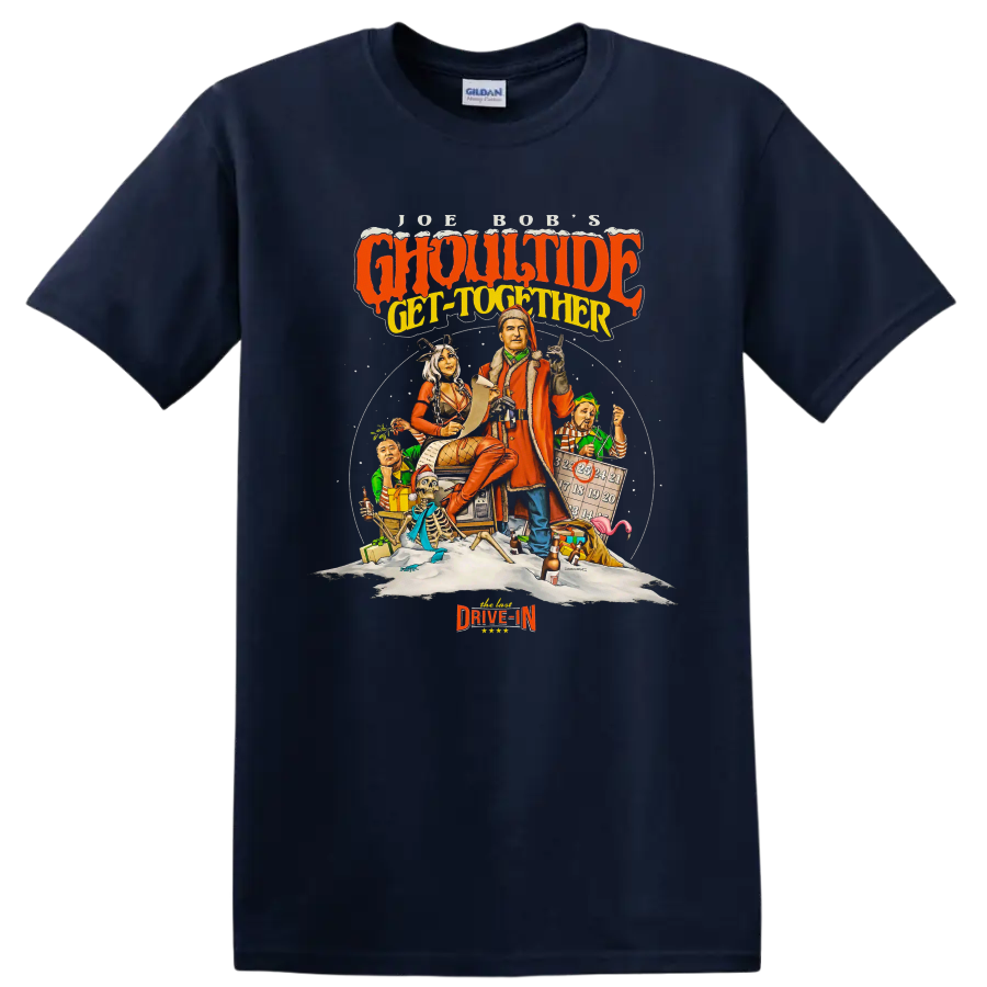 Ghoultide Get-Together retro horror party graphic on a Navy (Blue) T Shirt