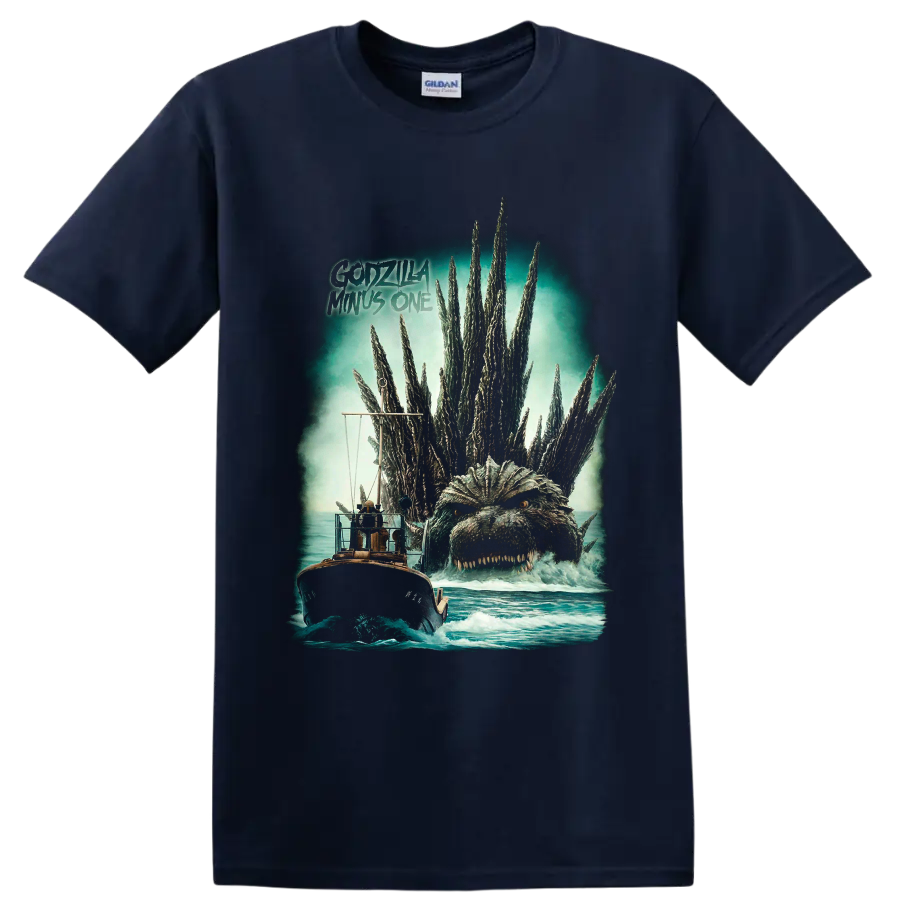 Godzilla rising behind a boat, vintage ocean horror graphic with title text on a Navy (Blue) T Shirt