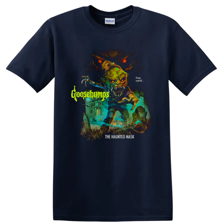 Goosebumps haunted mask monster graveyard graphic with glowing red eyes on a Navy (Blue) T Shirt