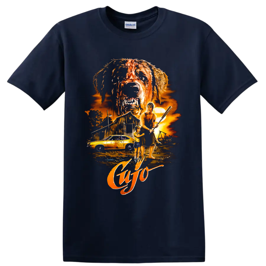 Cujo horror movie graphic with rabid dog, barn, car, woman, and child on a Navy (Blue) T Shirt