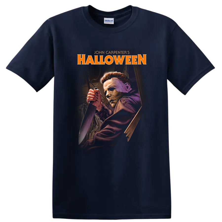 Halloween horror poster art with masked knife-wielding figure on a Navy (Blue) T Shirt