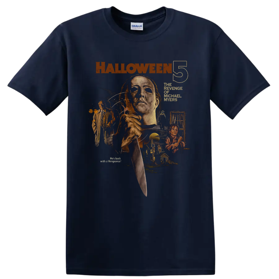 Halloween 5 Michael Myers vintage horror poster graphic print on a Navy (Blue) T Shirt