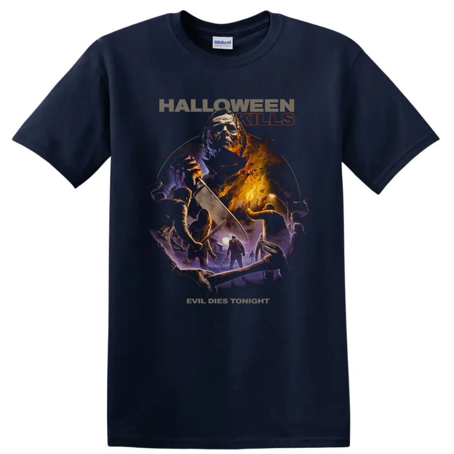 Halloween Kills Michael Myers masked slasher horror graphic print on a Navy (Blue) T Shirt